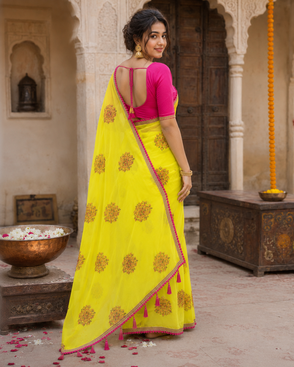 Georgette Embroidery Lace Work Saree With Unstitched Blouse(Yellow)