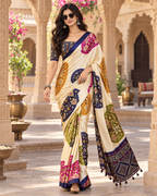 Pure Satin Silk Ajrakh Print Saree With Unstitched Blouse(White)