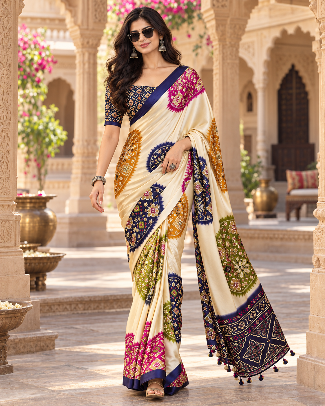 Pure Satin Silk Ajrakh Print Saree With Unstitched Blouse(White)