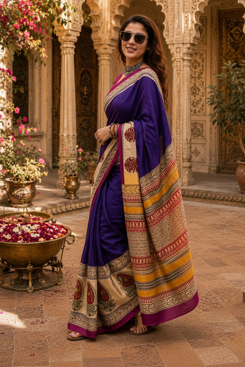 Mulmul Cotton Printed Saree With Unstitched Blouse(Purple)
