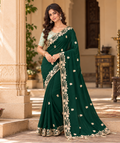 Crepe Silk Sequins Work Saree With Unstitched Blouse(Green)