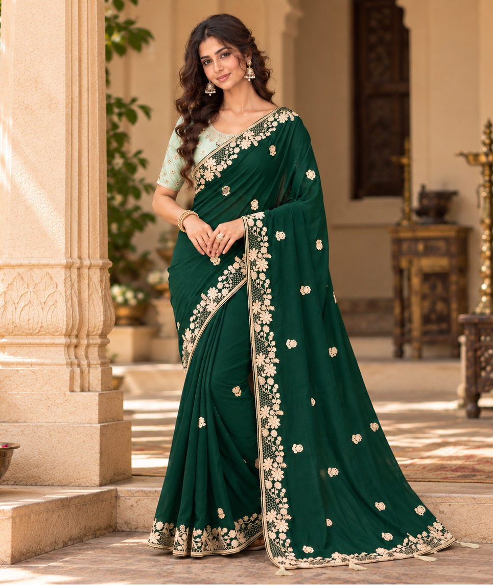 Crepe Silk Sequins Work Saree With Unstitched Blouse(Green)