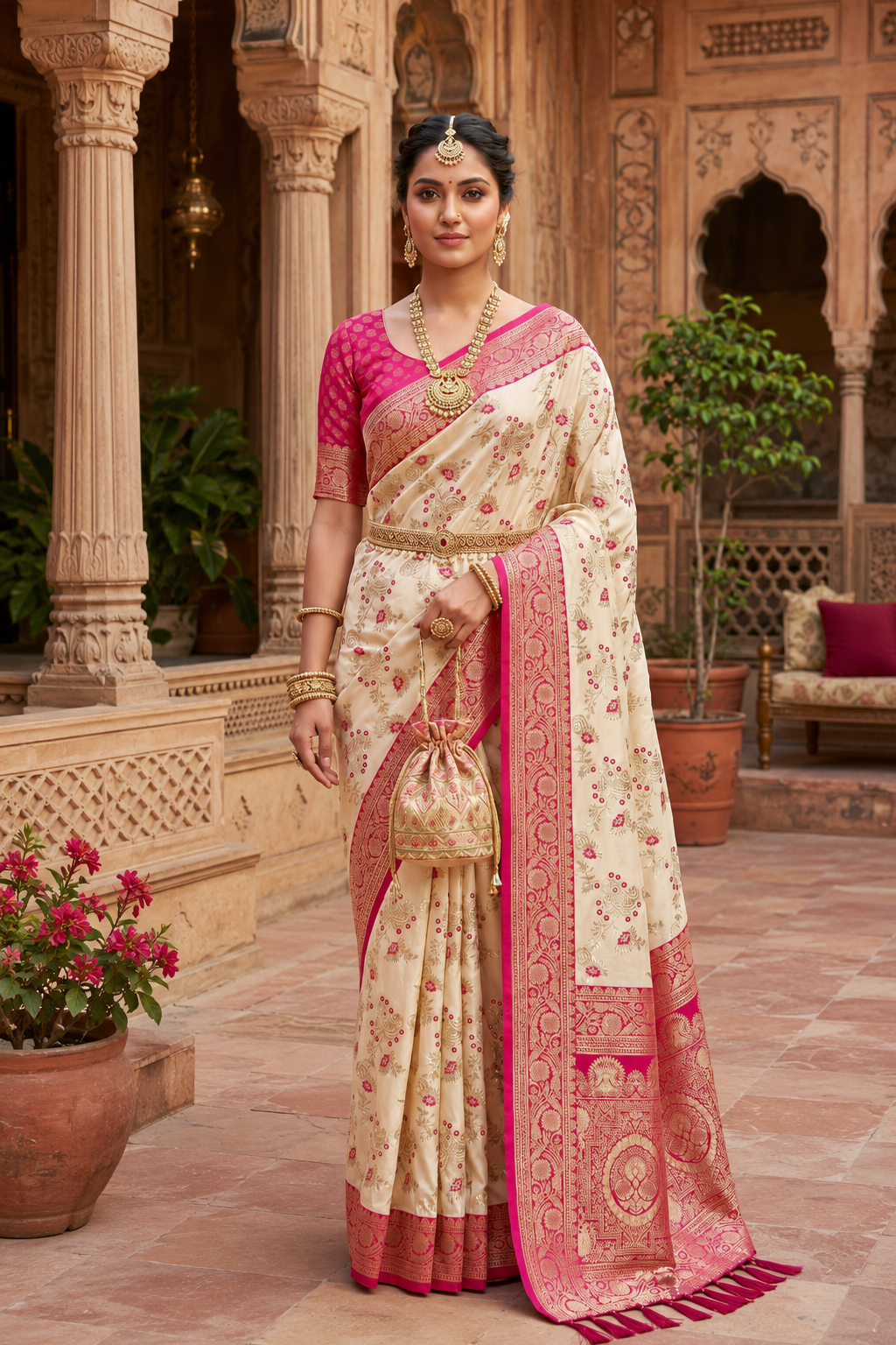 Soft Silk Banarasi Saree With Unstitched Blouse(White)