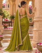 Satin Silk Golden Lace Border Work Saree With Unstitched Blouse(Green)