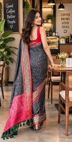 Premium Soft Silk Rangeen Patola Meenakari Saree With Unstitched Blouse (Black)