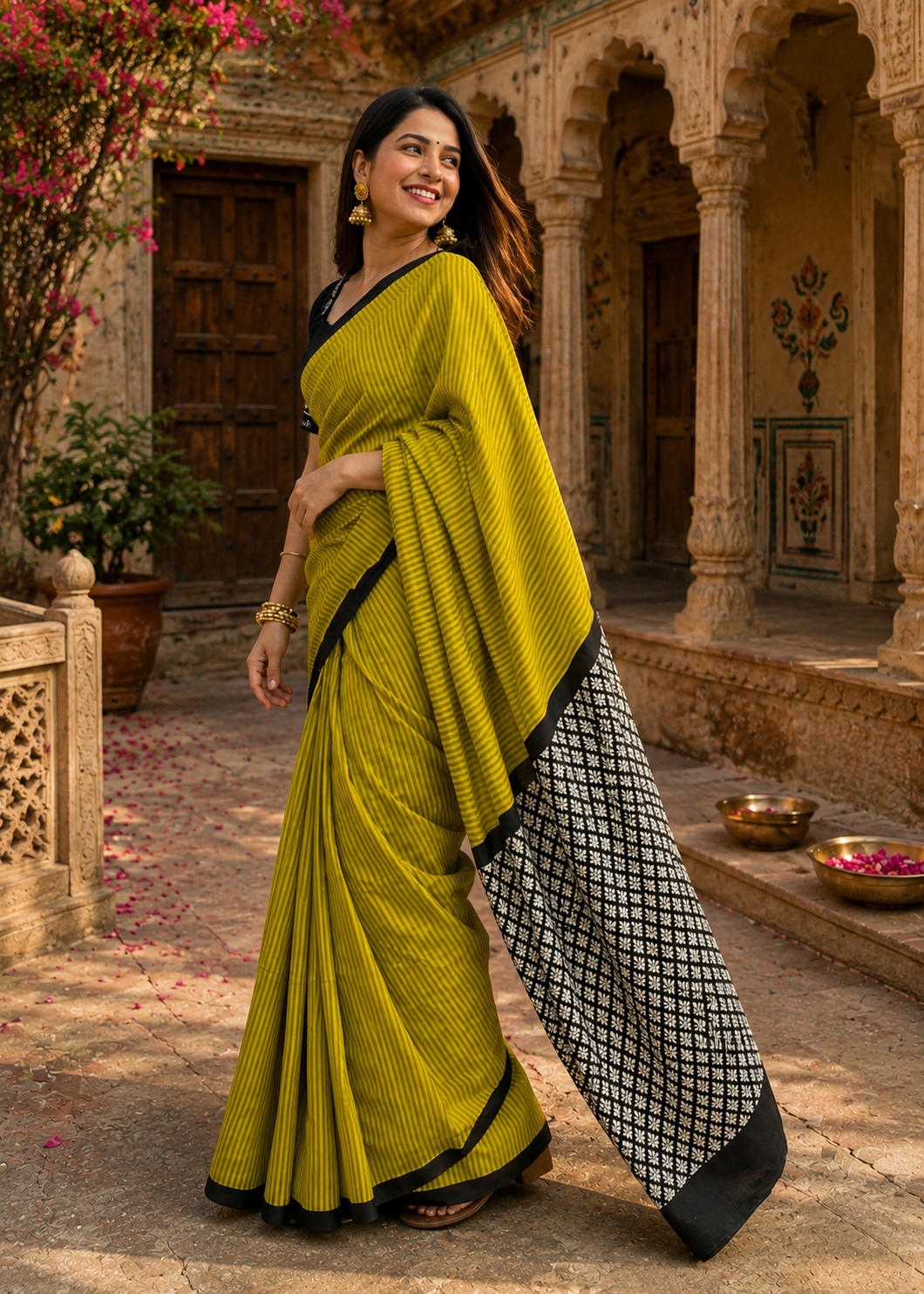 Mulmul Cotton Bagru- Printed Saree With Unstitched Blouse(Green)