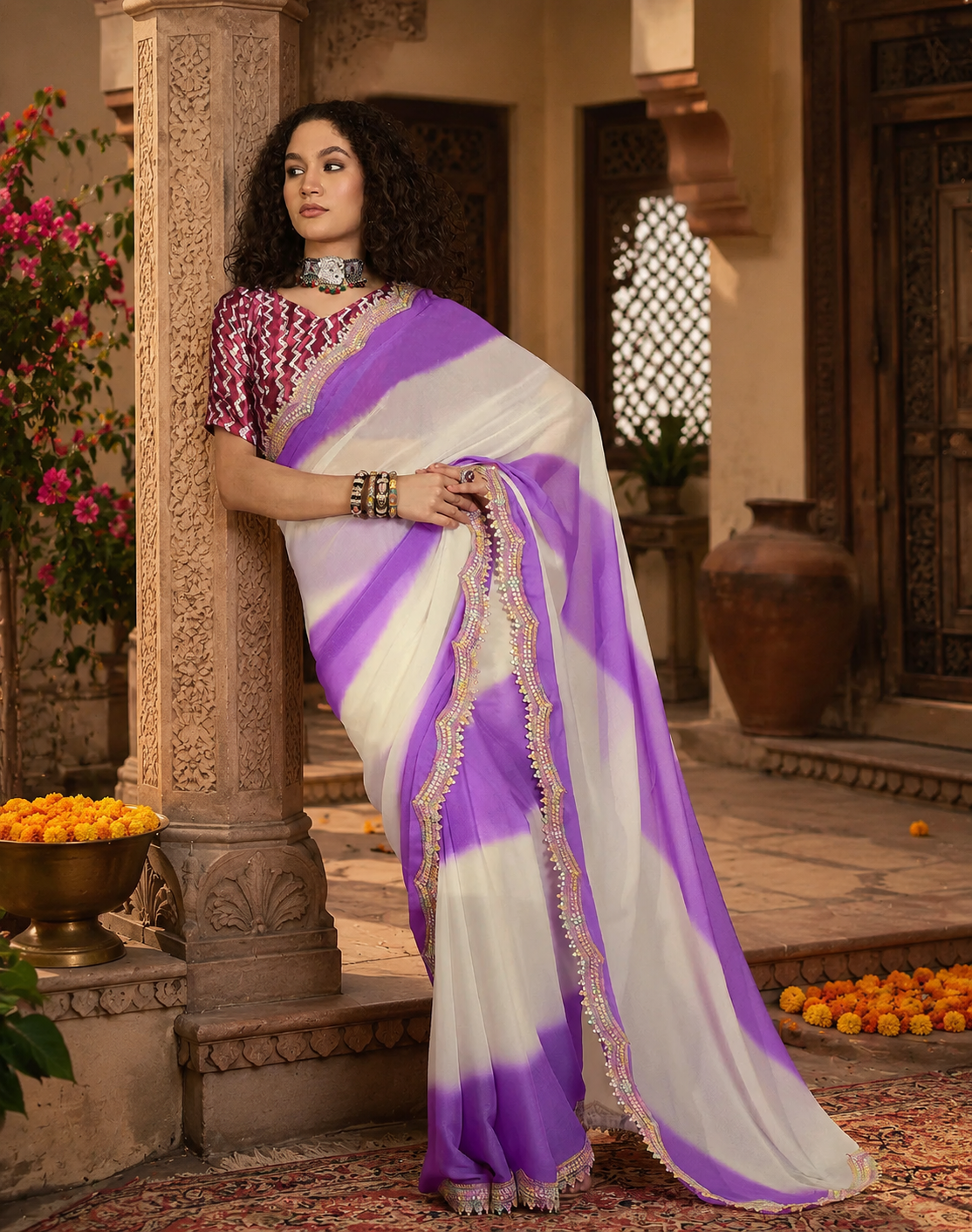 Georgette Embroidery Lace Work Saree With Unstitched Blouse(Purple)