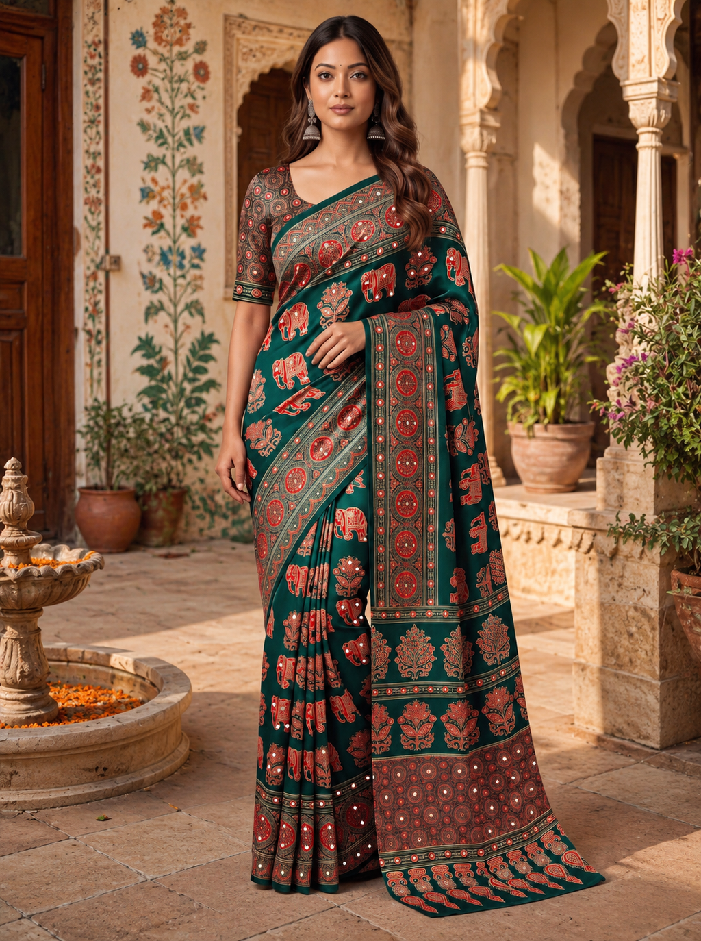 Crepe Silk Ajrakh Printed Saree With Unstitched Blouse(Green)