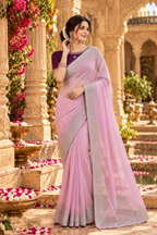 Chinon Silk Embroidery Work Saree With Unstitched Blouse(Light Pink)