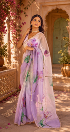 Organza Silk Ready To wear Printed Saree With Unstitched Blouse(Violet)