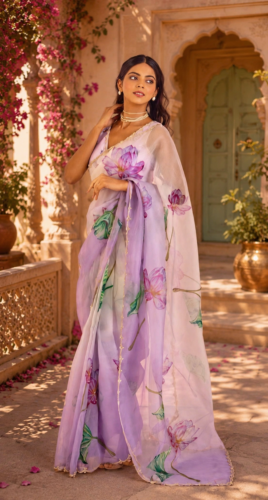Organza Silk Ready To wear Printed Saree With Unstitched Blouse(Violet)