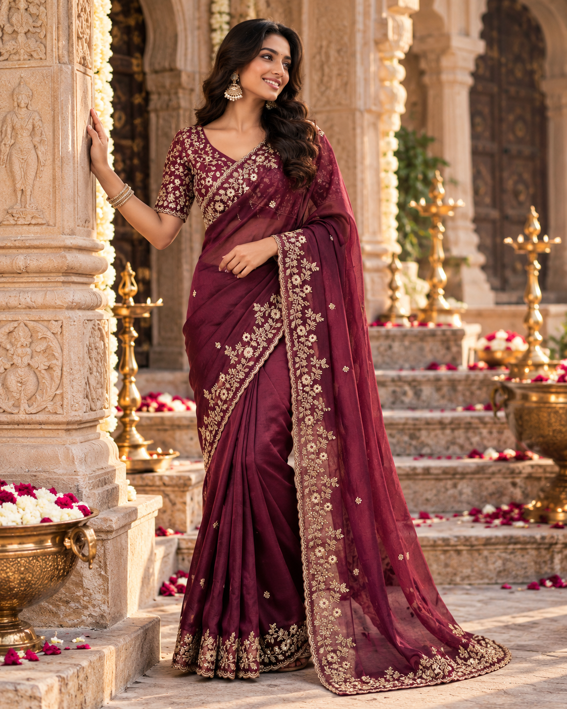 Chiffon Silk Embroidery Sequin Work Saree With Unstitched Blouse(Wine)