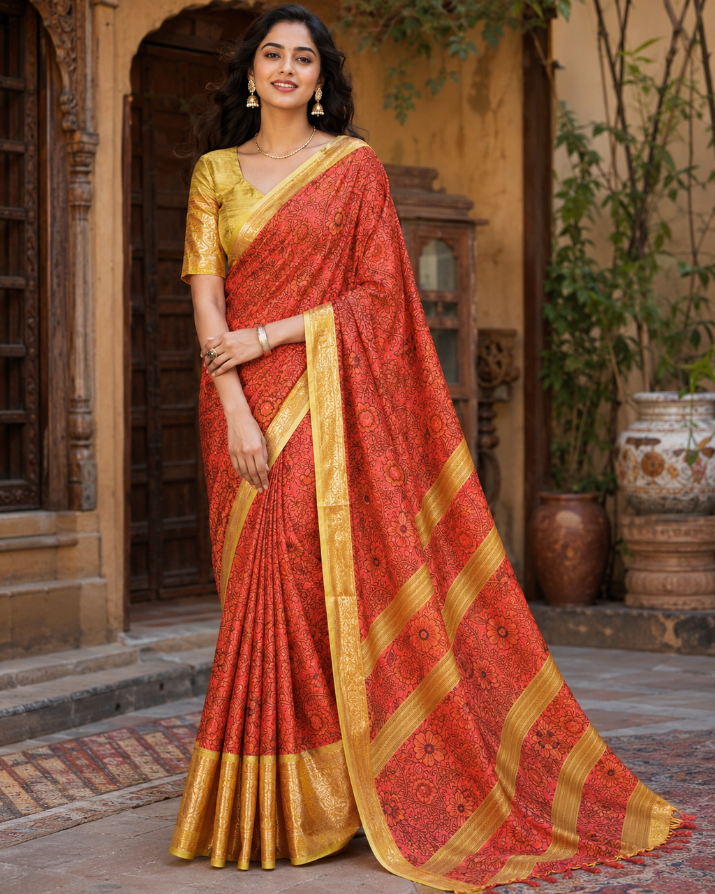 Tussar Silk Printed Saree With Unstitched Blouse(Orange)