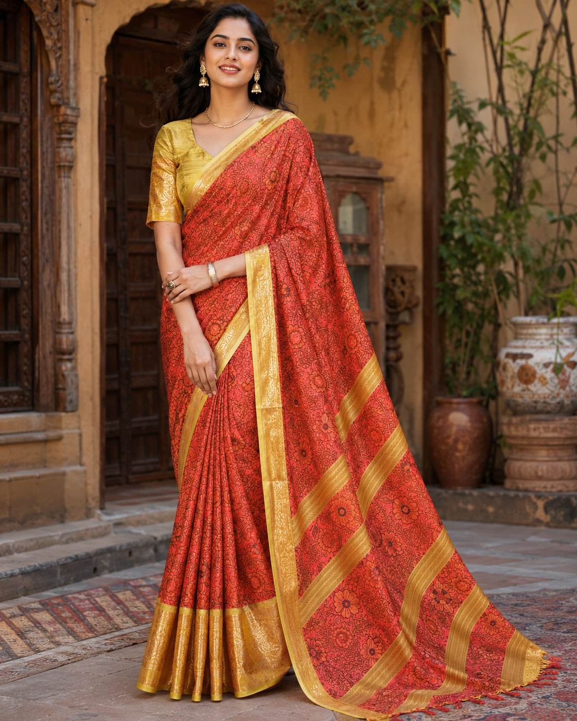 Tussar Silk Printed Saree With Unstitched Blouse(Orange)