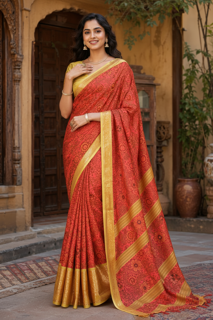Tussar Silk Printed Saree With Unstitched Blouse(Orange)