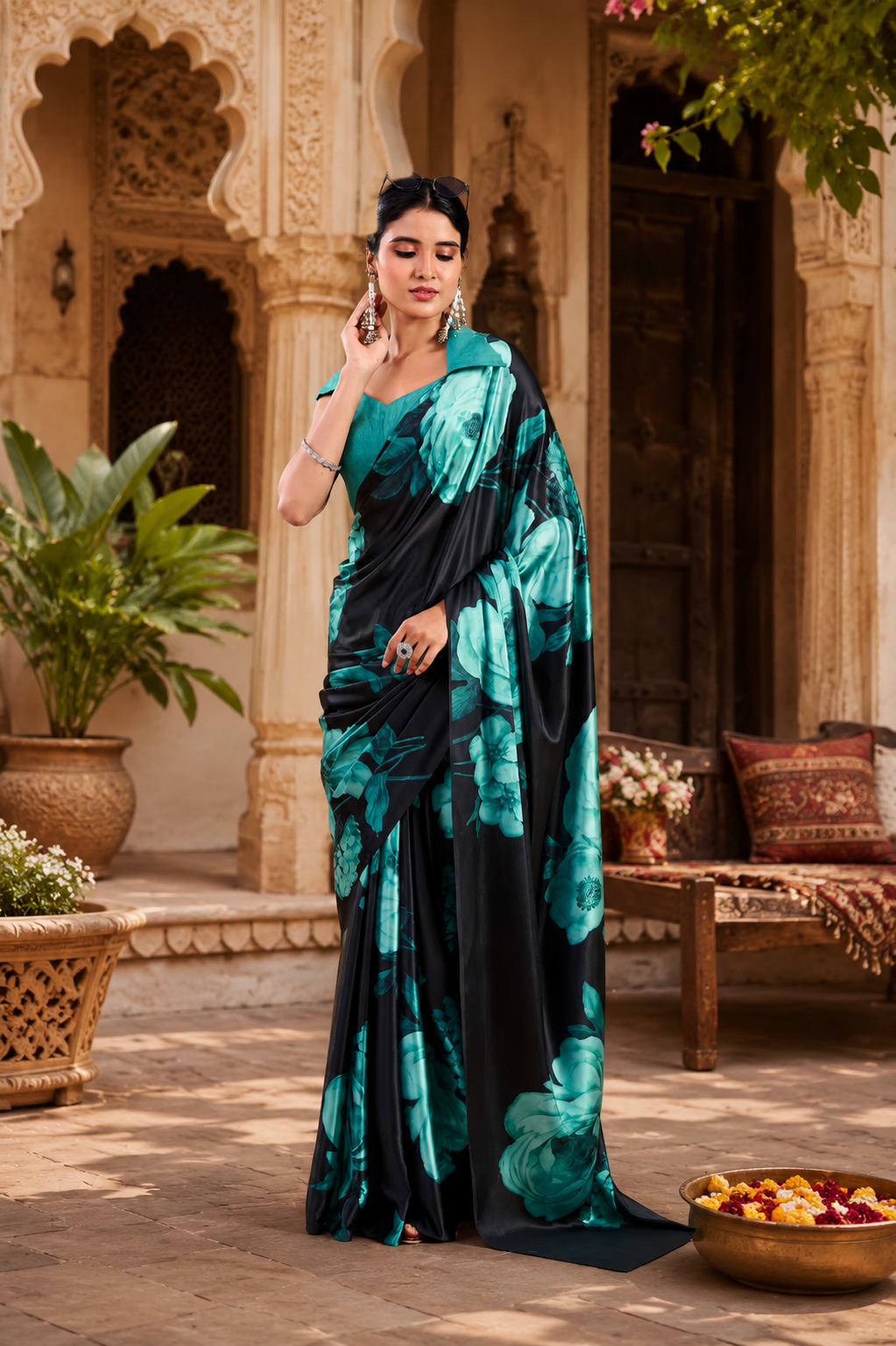 Satin Silk Floral Printed Saree with Unstitched Blouse(Green)