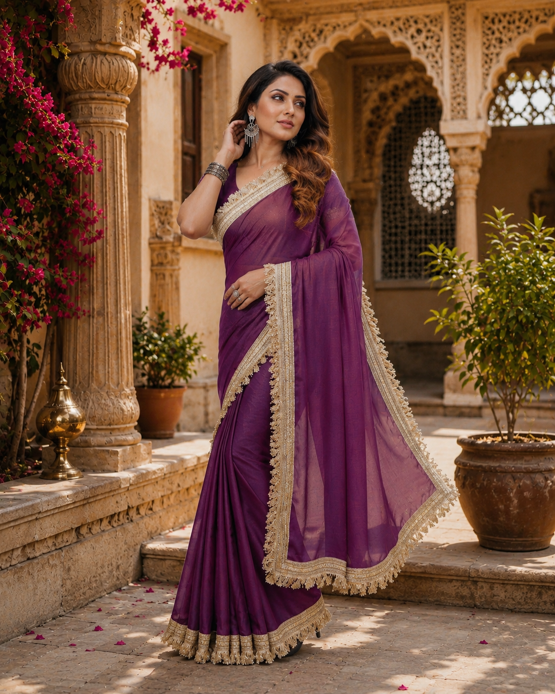 Georgette Lace Border Saree With Unstitched Blouse(Puple)