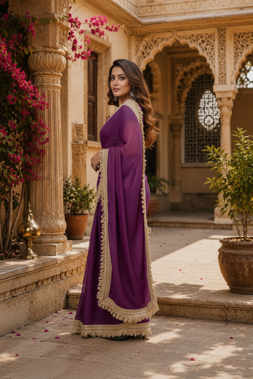 Georgette Lace Border Saree With Unstitched Blouse(Puple)