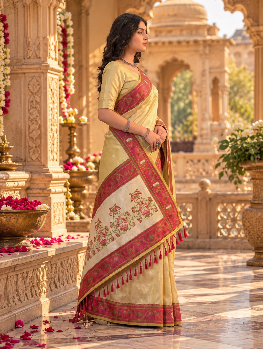 Premium Tissue Silk Saree With Unstitched Blouse(Beige)