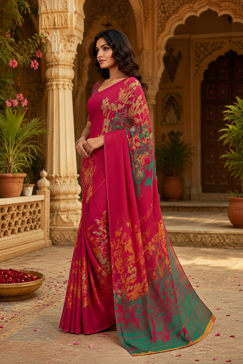 Crepe Silk Party Wear Saree With Unstitched Blouse(Red)