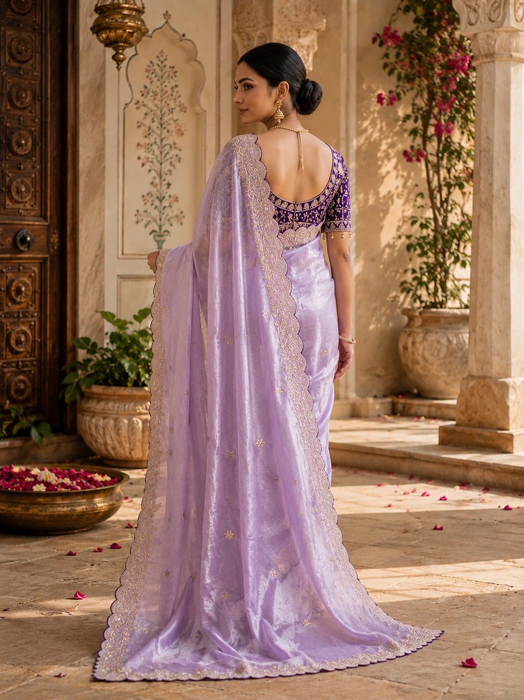 Satin Silk Embroidery Work Saree with Unstitched Blouse(Violet)