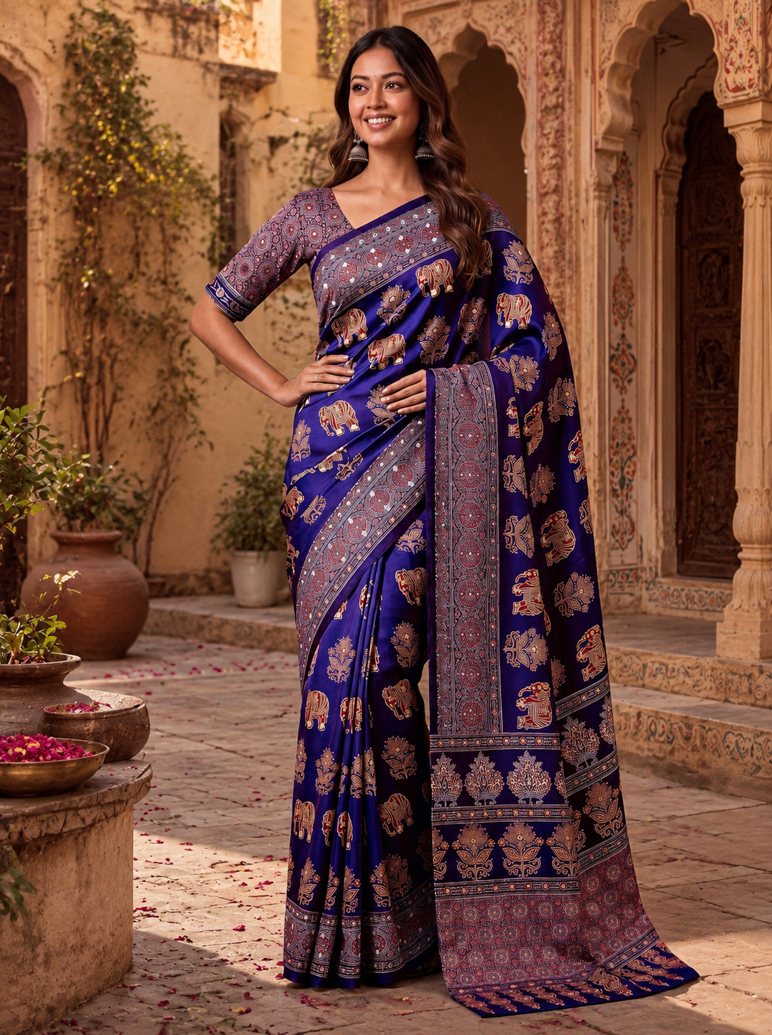 Crepe Silk Ajrakh Printed Saree With Unstitched Blouse(Blue)