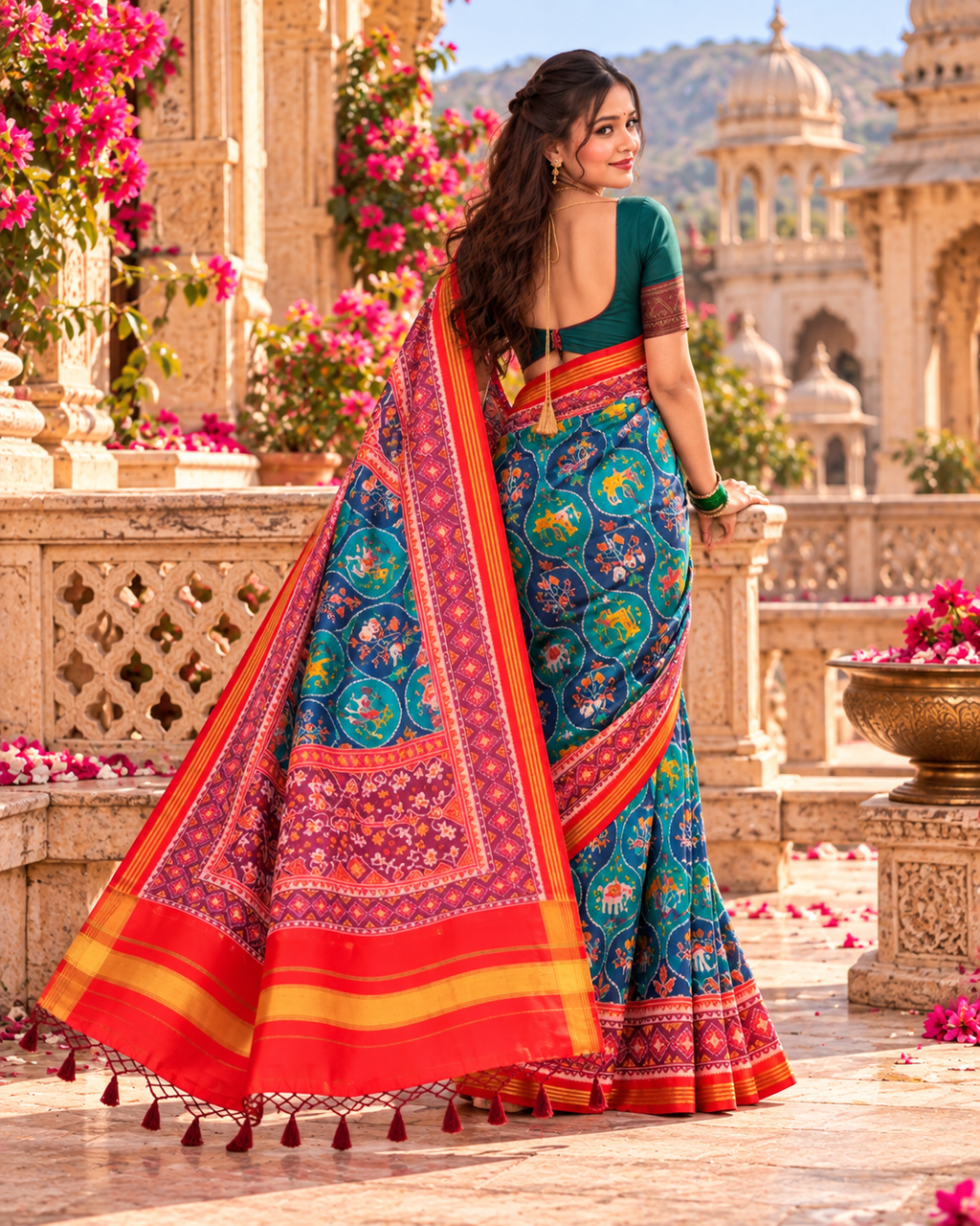 Soft Patola Silk Ikkat DPrint Saree With Unstitched Blouse(Blue)
