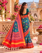 Soft Patola Silk Ikkat DPrint Saree With Unstitched Blouse(Blue)