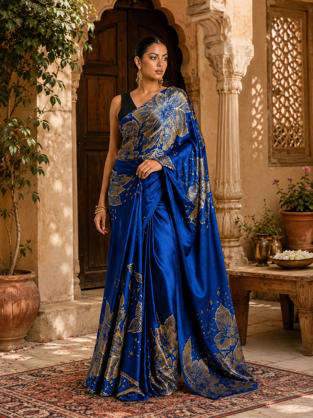 Japan Satin Printed Saree With Unstitched Blouse(Blue)
