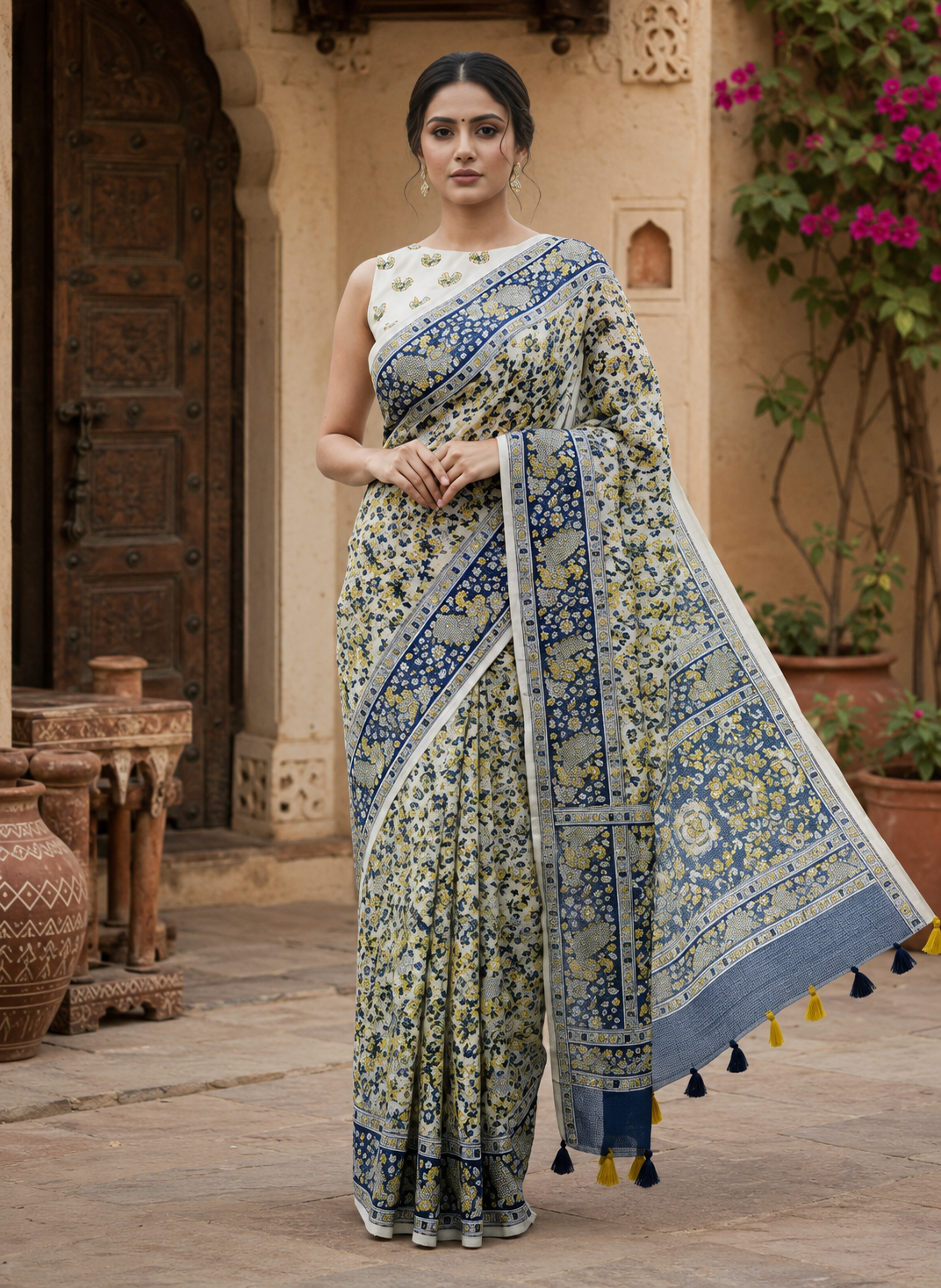 Mulberry Ikat Silk Printed Saree With Unstitched Blouse(Grey)