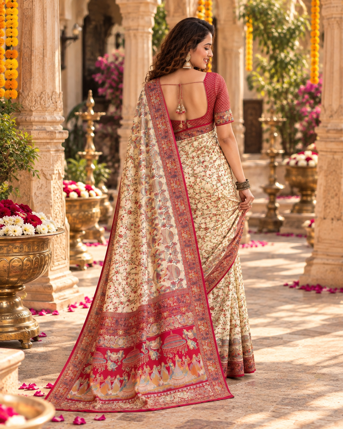 Gajji Silk Ajrakh Printed Saree With Unstitched Blouse(White)