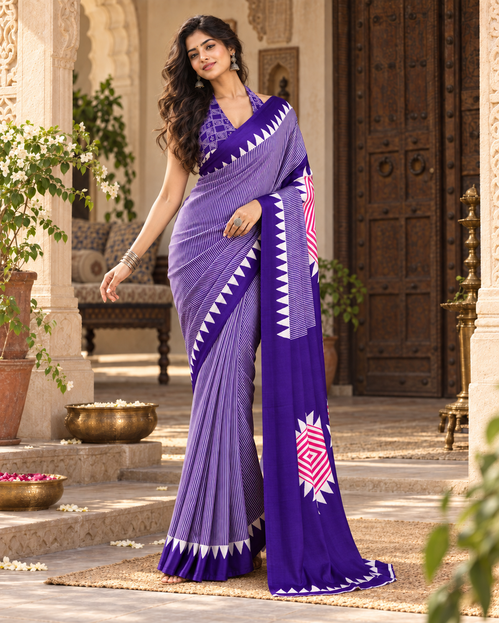 Satin Silk Ajrakh Printed Saree With Unstitched Blouse(Purple)