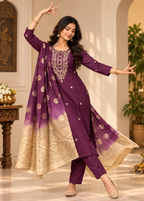 Roman Silk Kurti Pant With Dupatta Set(Wine)