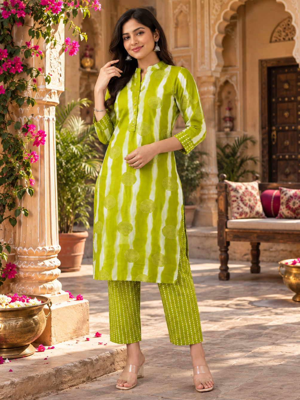 Poly Rayon Kurti Pant Set(Green)
