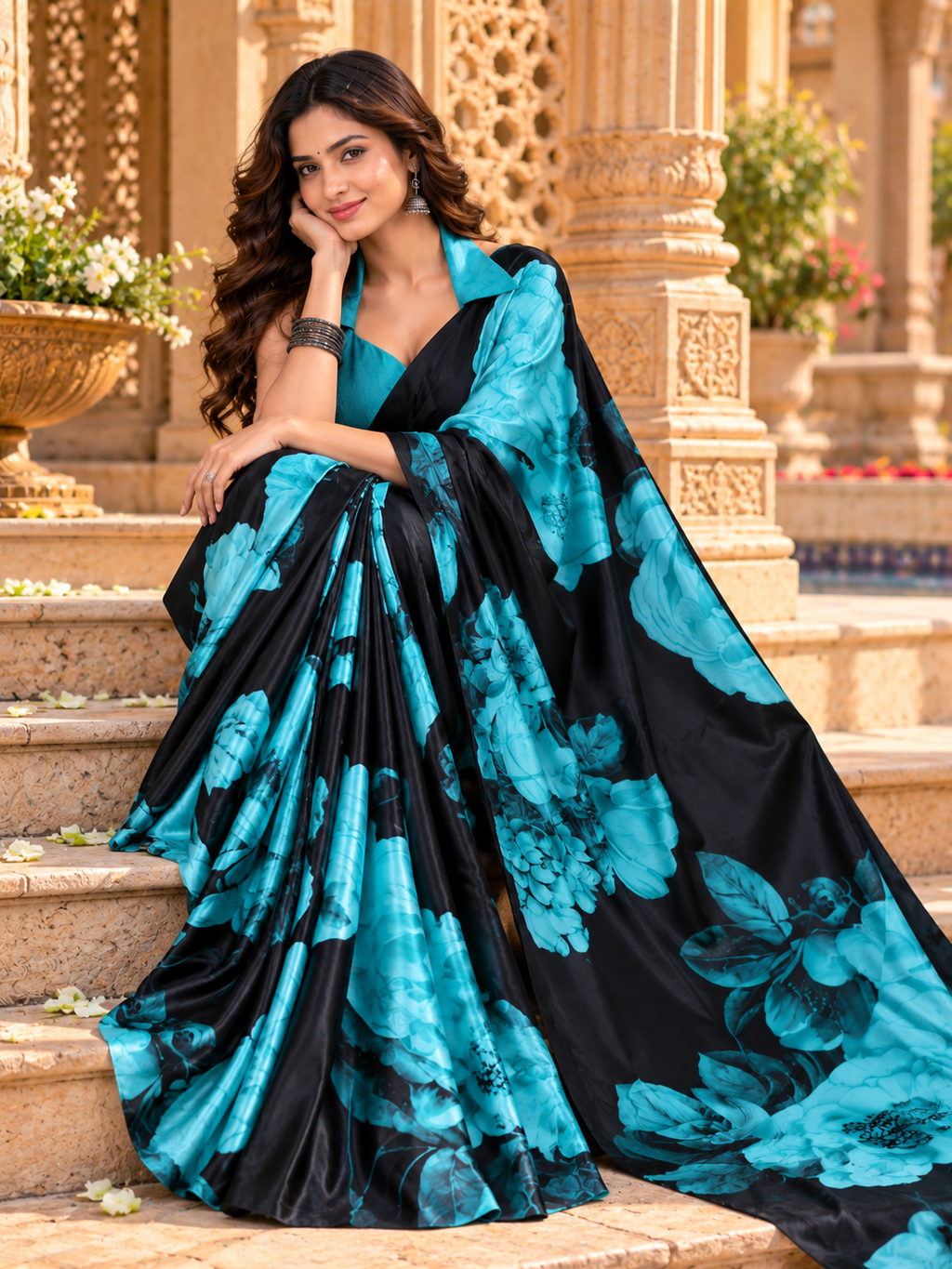 Satin Silk Floral Print Saree With Unstitched Blouse(Blue)