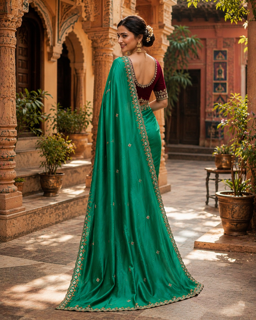 Chiffon Saree With Unstitched Blouse(Green)