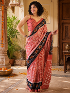 Mulmul Cotton Printed Pocket Saree With Unstitched Blouse(Peach)