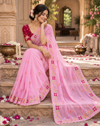 Rangoli Silk Embroidery Work Saree With Unstitched Blouse(Pink)