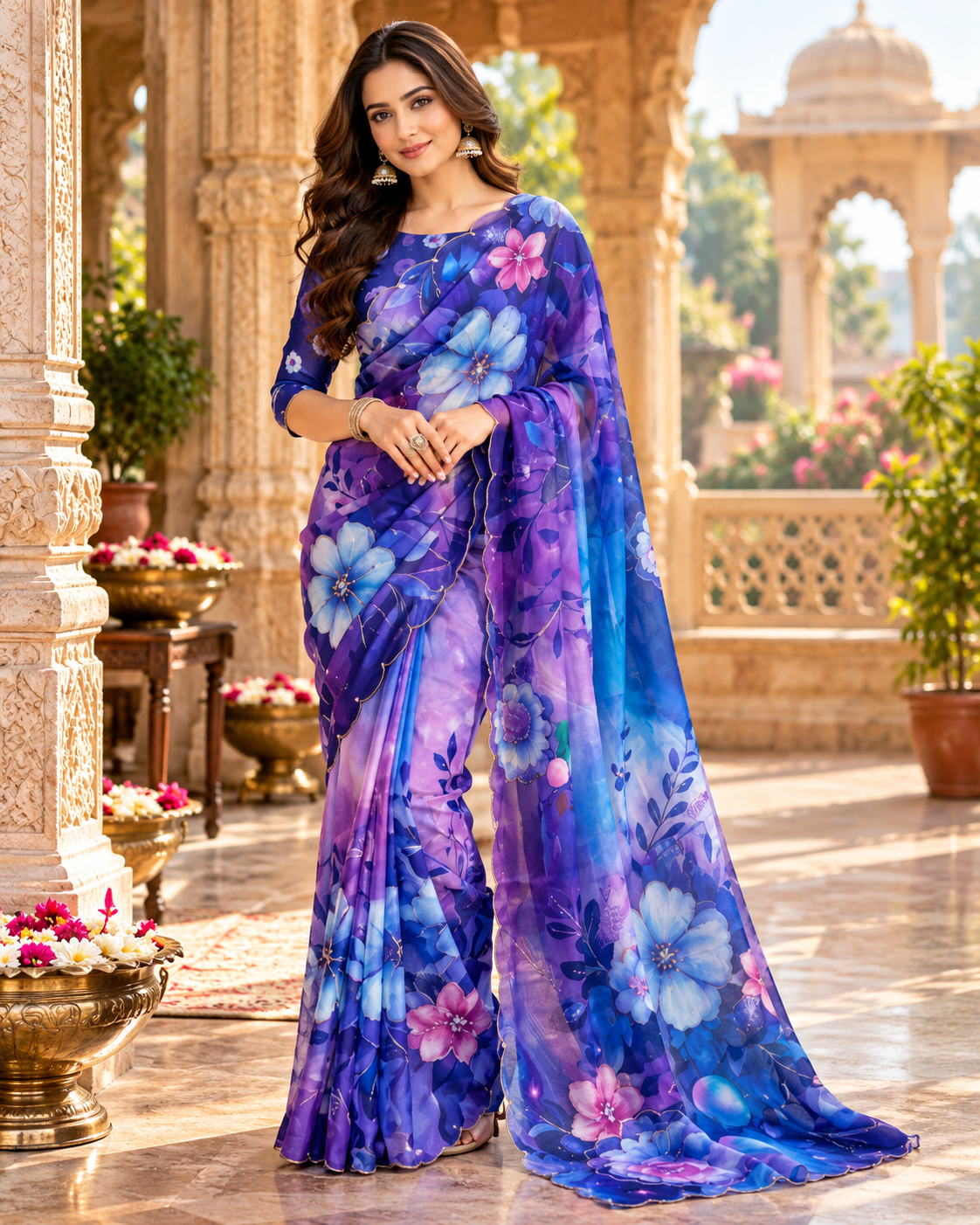 Organza Silk Floral Print Saree With Unstitched Blouse(Blue)