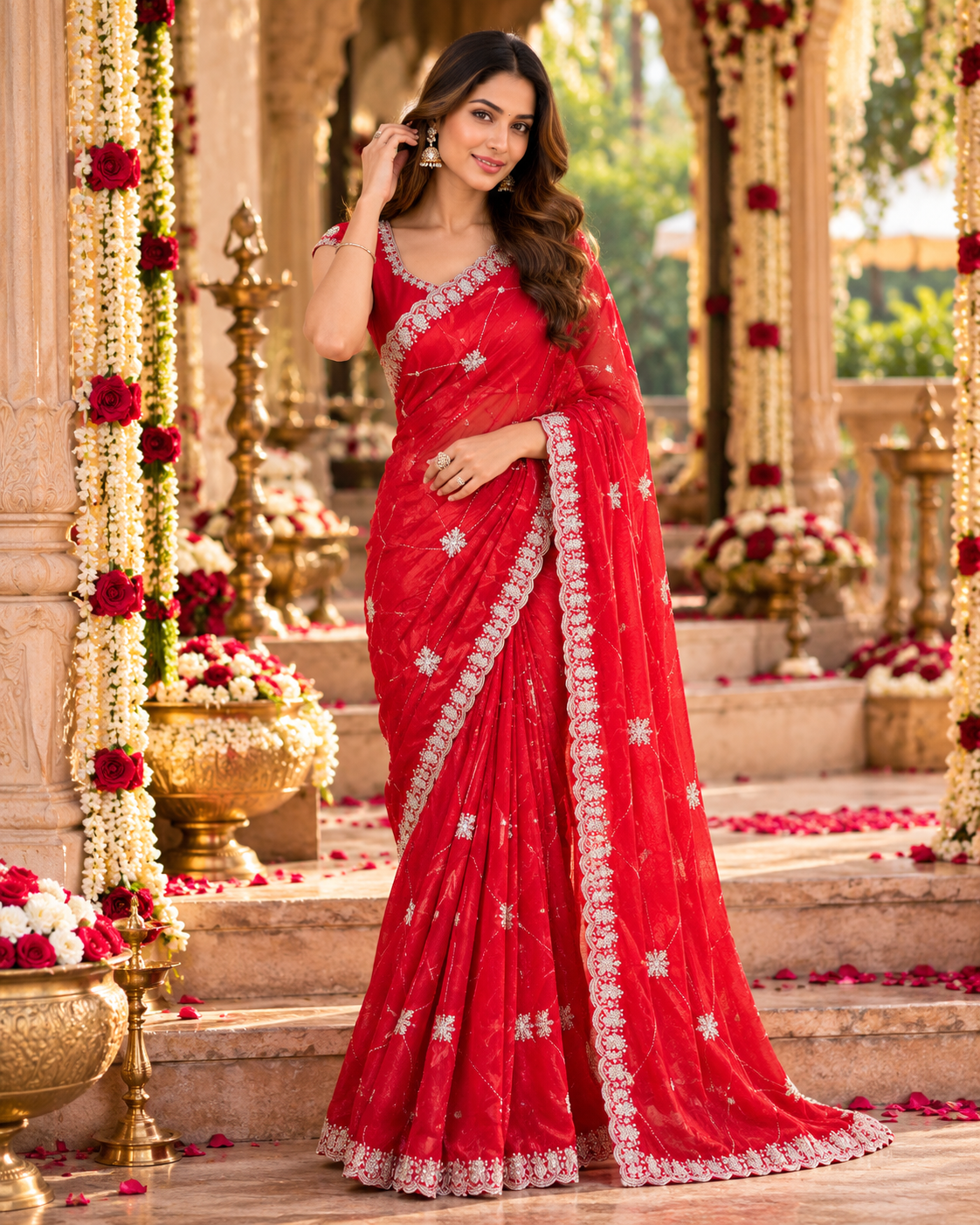 Pure Space Silk Embroidery Work Saree With Unstitched Blouse(Red)