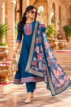Cotton Embroidery Work Kurti Pant Set With Dupatta(Blue)
