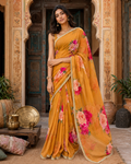 Georgette Floral Printed Saree With Unstitched Blouse(Yellow)