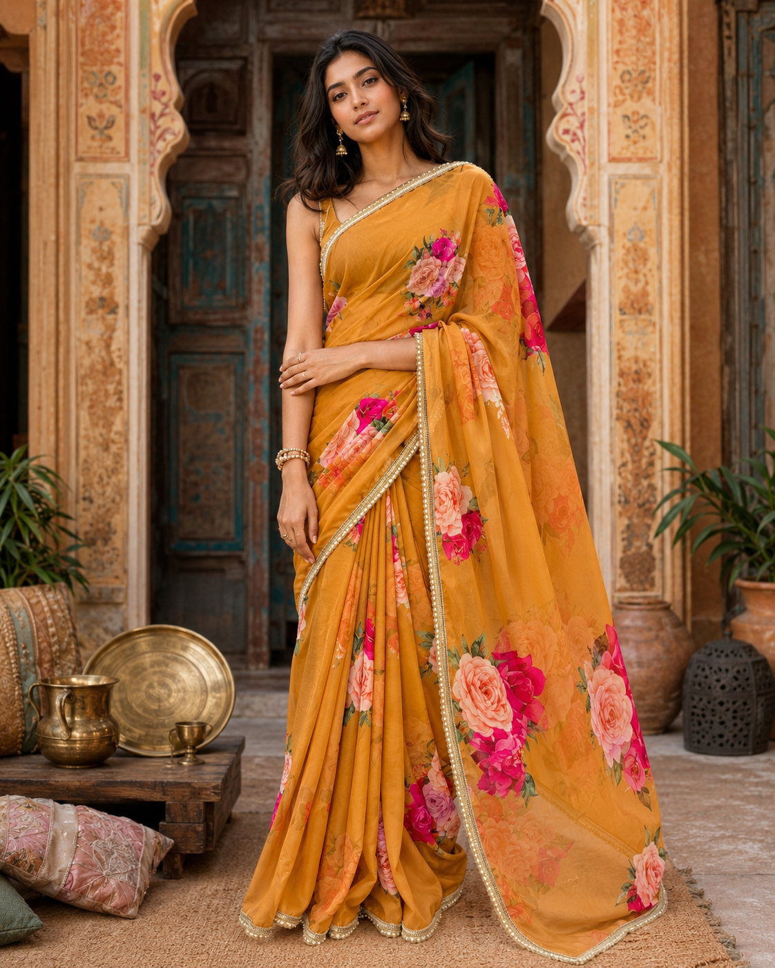 Georgette Floral Printed Saree With Unstitched Blouse(Yellow)