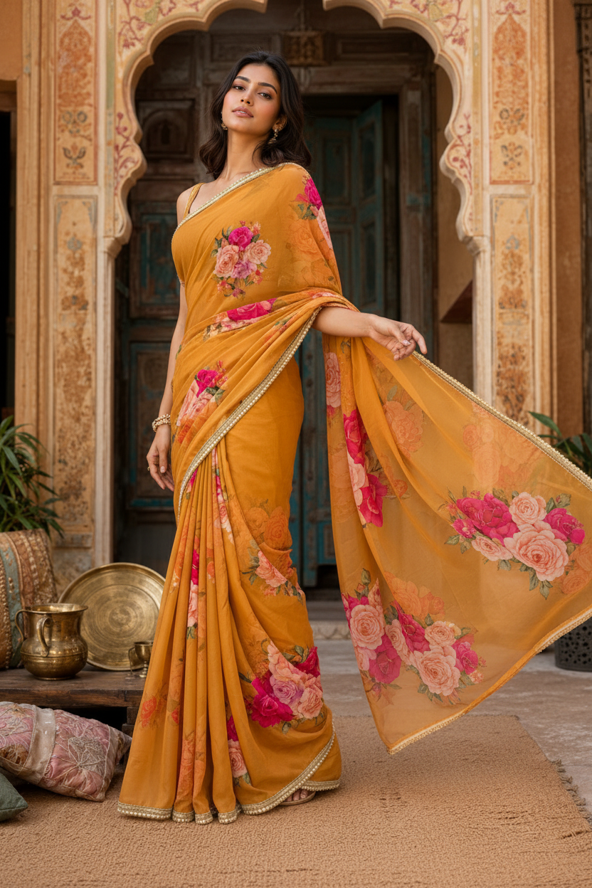 Georgette Floral Printed Saree With Unstitched Blouse(Yellow)
