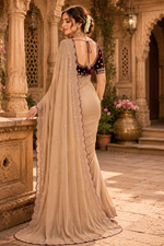 Load image into Gallery viewer, Georgette Border Embroidery Work Designer Saree With Unstitched Blouse(Beige)

