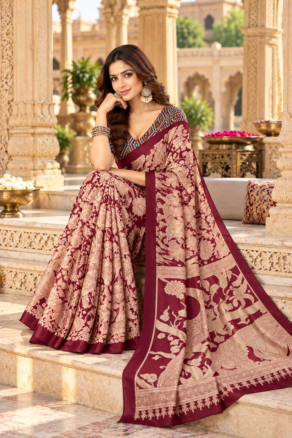 Premium Tussar Silk kalamkari Print Saree With Unstitched Blouse(Red)
