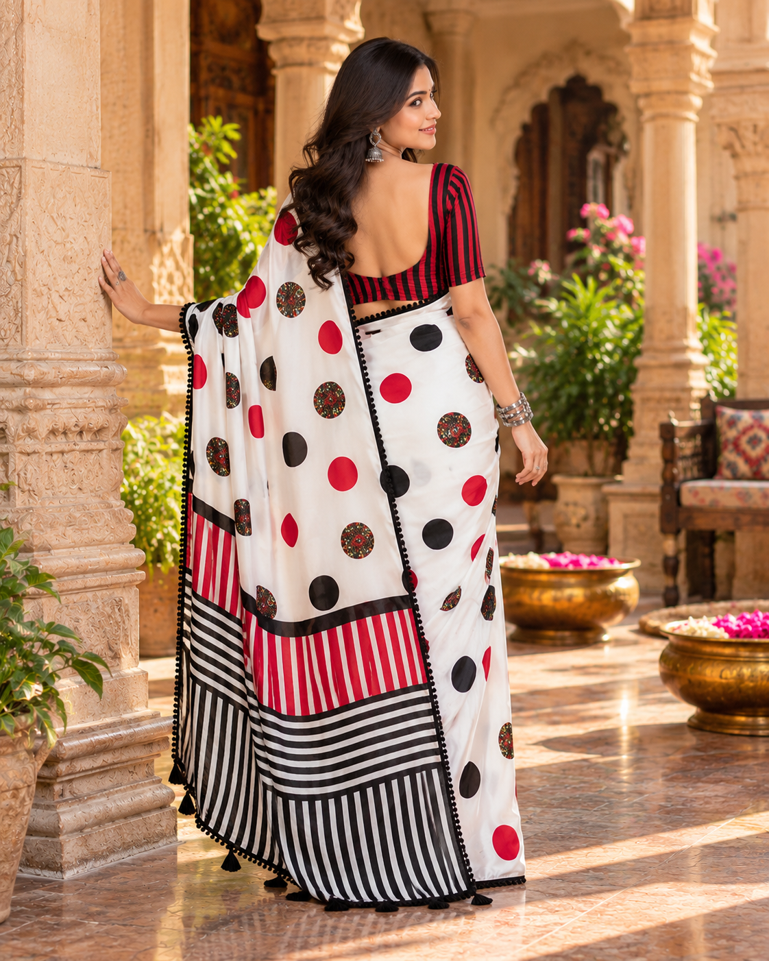 Satin Silk Printed Saree With Unstitched Blouse(white)