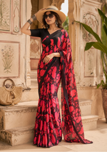 Load image into Gallery viewer, Elegant Soft Satin Georgette Saree With Unstitched Blouse(Red&amp;Black)
