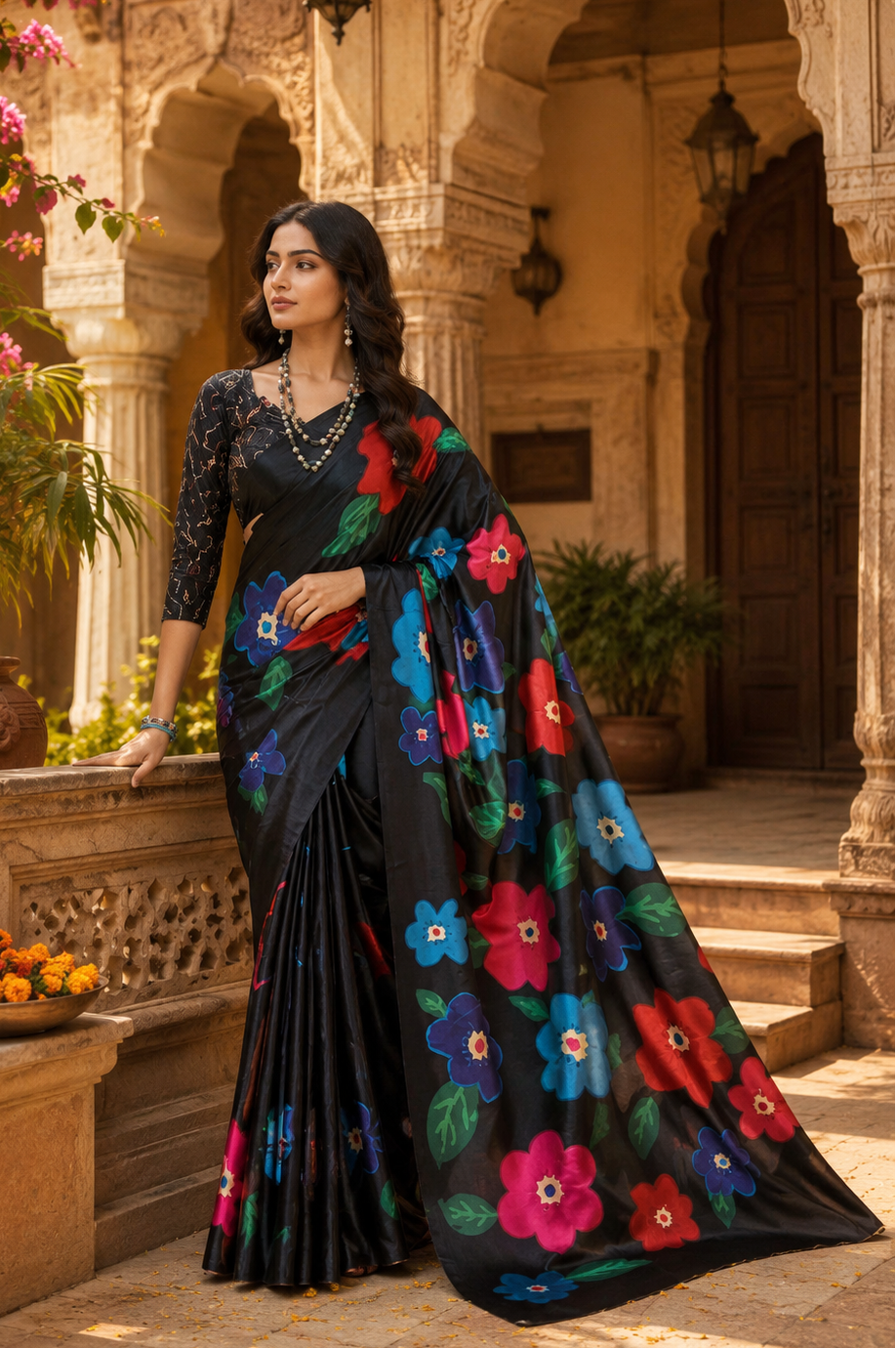 Premium Crepe Silk Saree With Unstitched Blouse(Black)