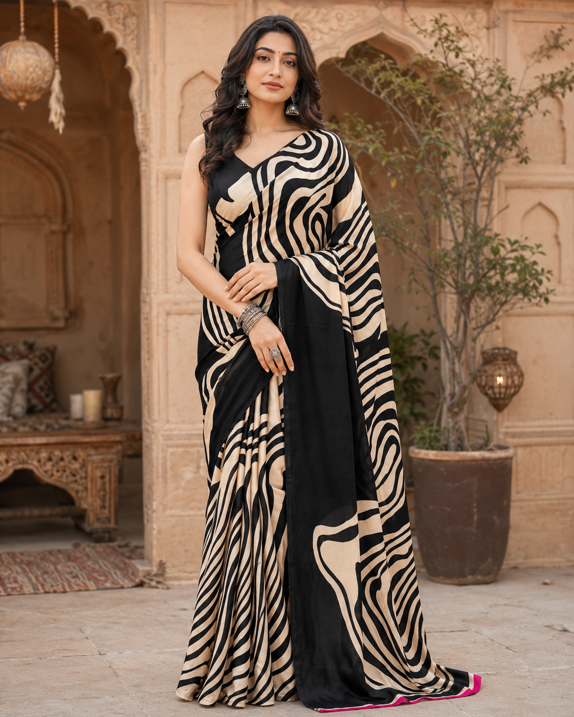 Satin silk printed saree with unstitched blouse(black)